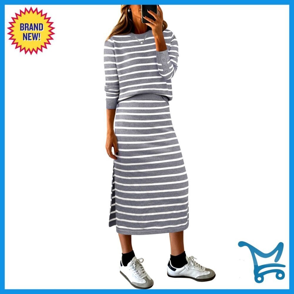 Striped Sweater Skirt Set Loose Fit Knit Lounge Thermal Travel Outfit